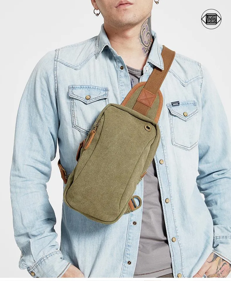 Army Green Canvas Sling Backpack Men's Sling Bag Blue Chest Bag Canvas One shoulder Backpack For Men