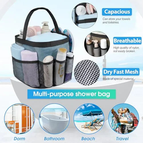 Attmu Mesh Shower Caddy Portable for College Dorm Room Essentials with 8 Pockets, Hanging Shower Caddy Dorm Basket, Quick Dry Shower Bag for Bathroom