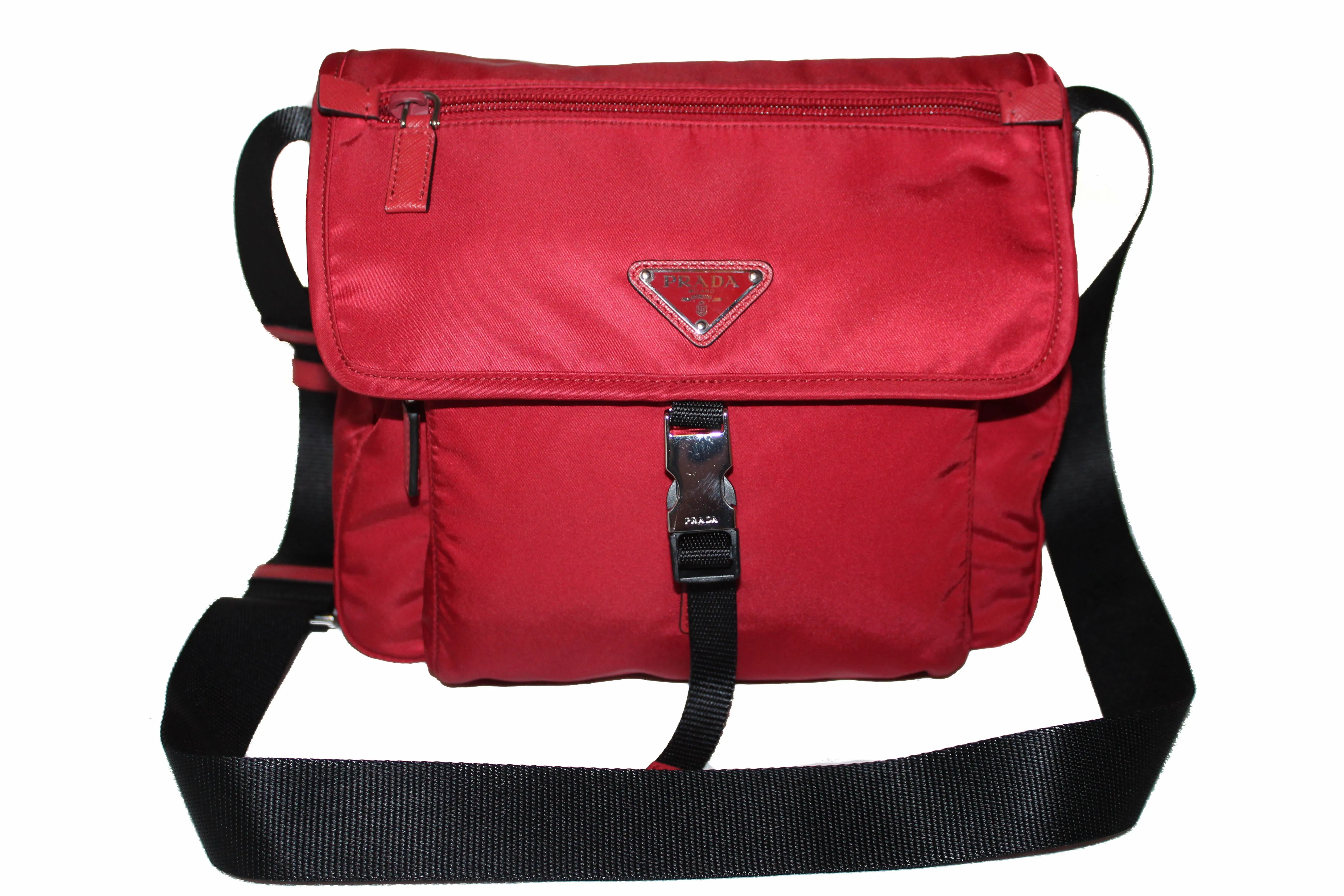 Authentic New Prada Red/Black Nylon Tessuto Small Messenger Bag 1BD