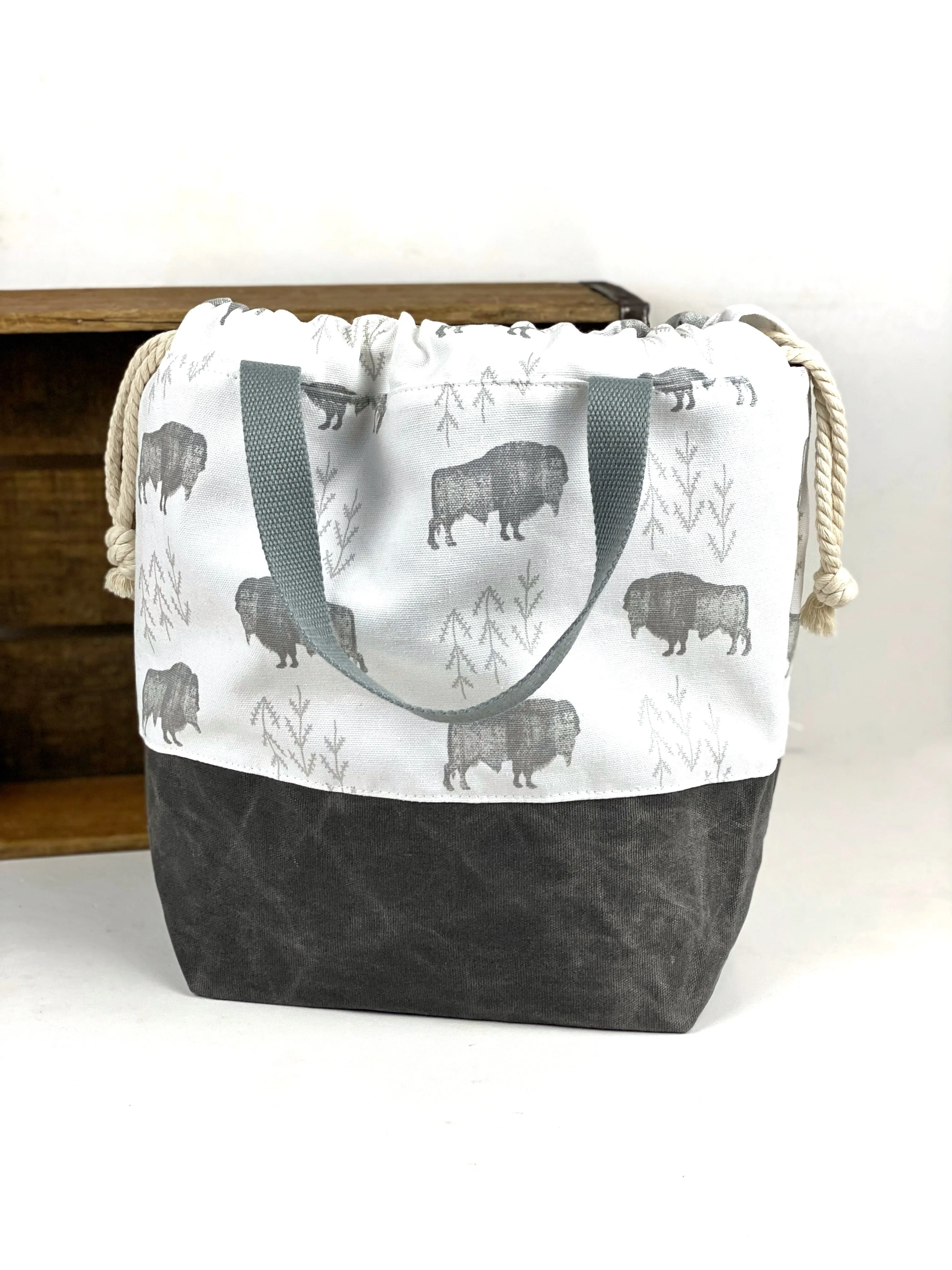 Bison Waxed Canvas Project Bag, Buffalo Canvas Project Bag, Project Bag for Knitters, Knitting Bag