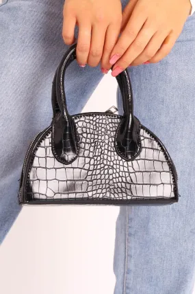 Black Croc Silver Chain Half Moon Bag - Mae