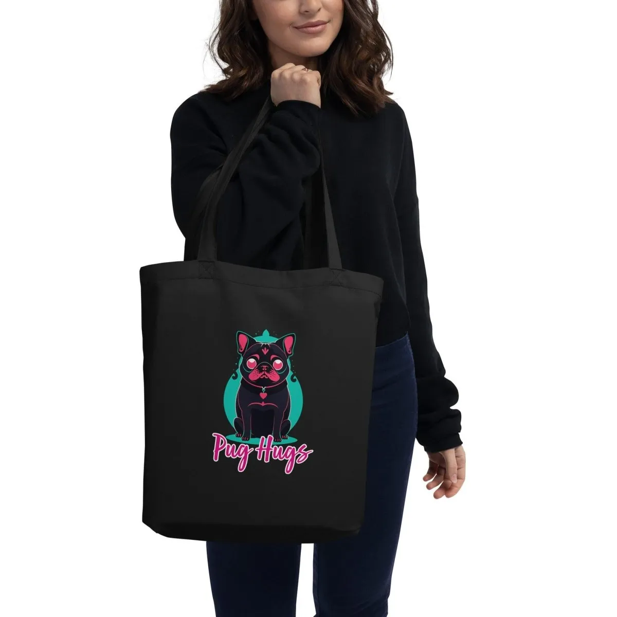 Black Eco Tote Bag Candy Pug Hugs