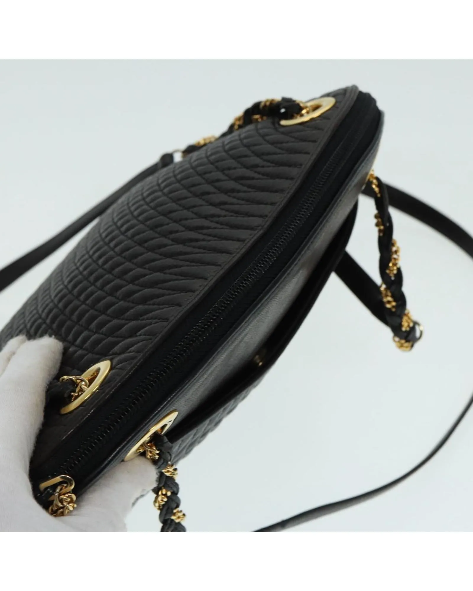 Chain Leather Shoulder Bag with Gold Accents