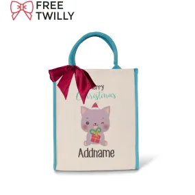 Christmas Cute Animal Series Merry Christmas Cat Blue Colour Lining Canvas Bag