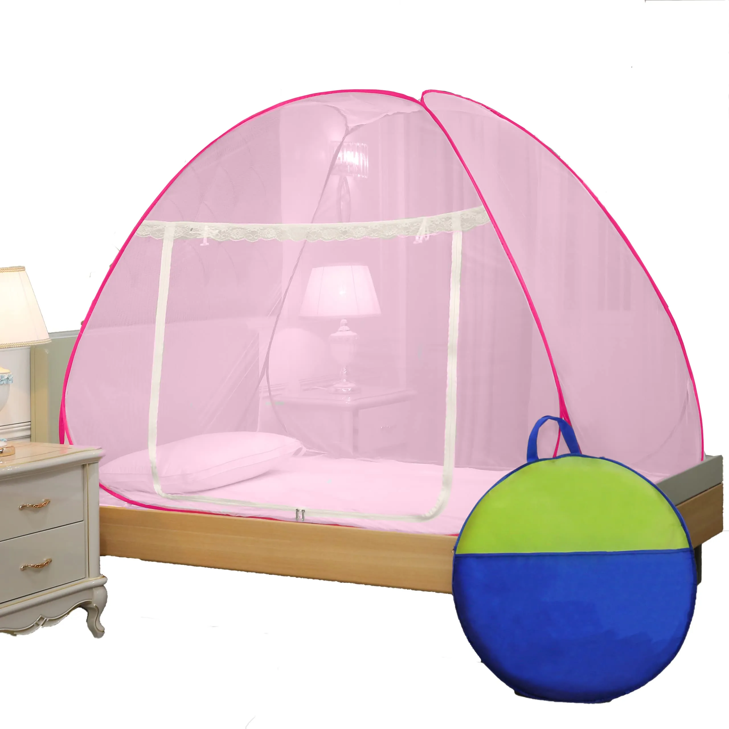 Classic Mosquito Net for Single Bed | Foldable Machardani | Polyester Strong 30GSM mesh | PVC Coated Corrosion Resistant Steel Wire - Full Pink.