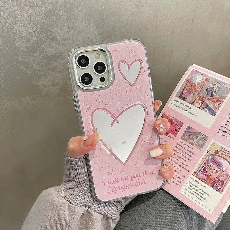 Cute Pink Paint Splatter Heart Shaped Electroplated Silver Design   Crossbody Strap Protective Phone Case for iPhone 11 12 13 14 Pro Max