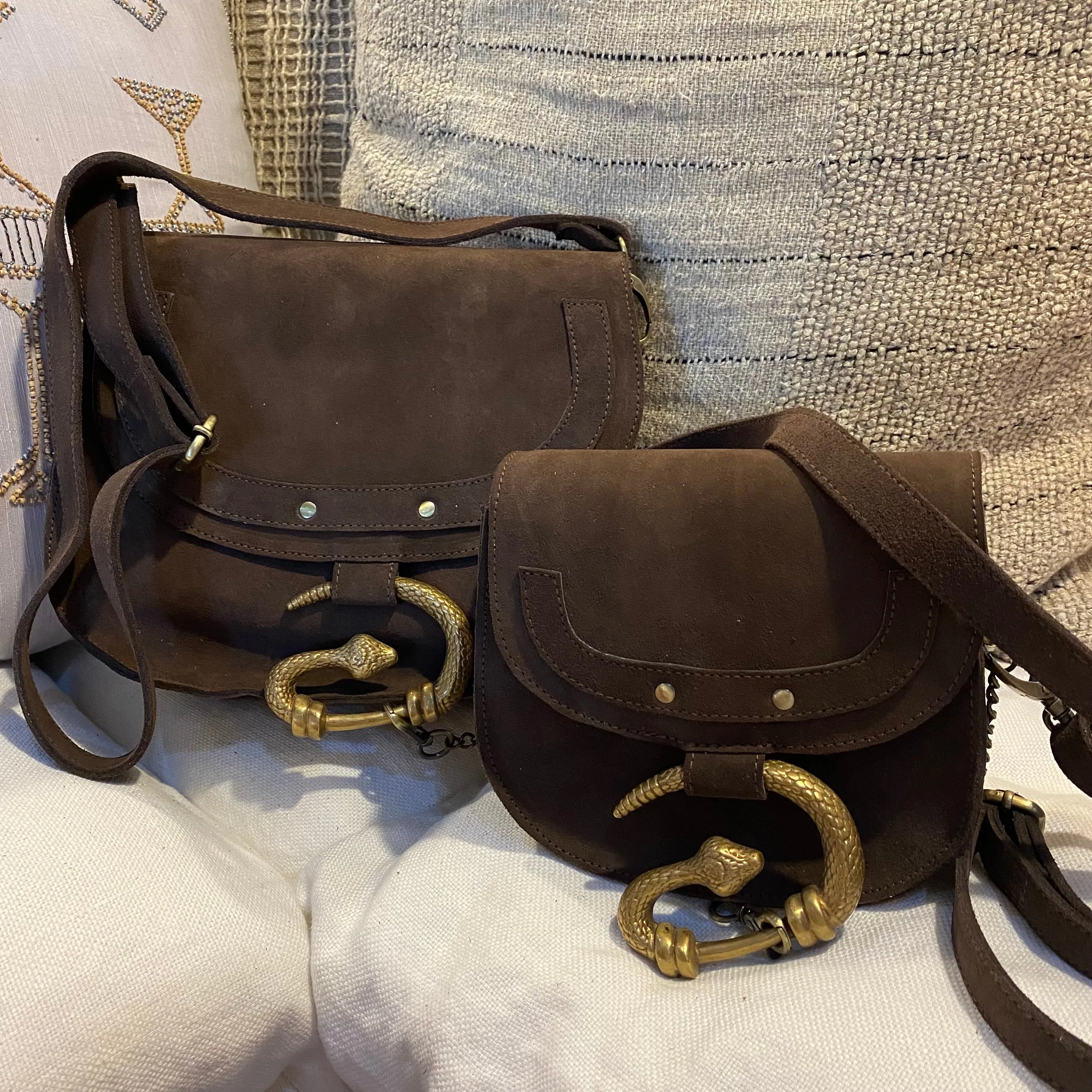 DARK BROWN SUEDE SNAKE BUCKLE BAG - LARGE