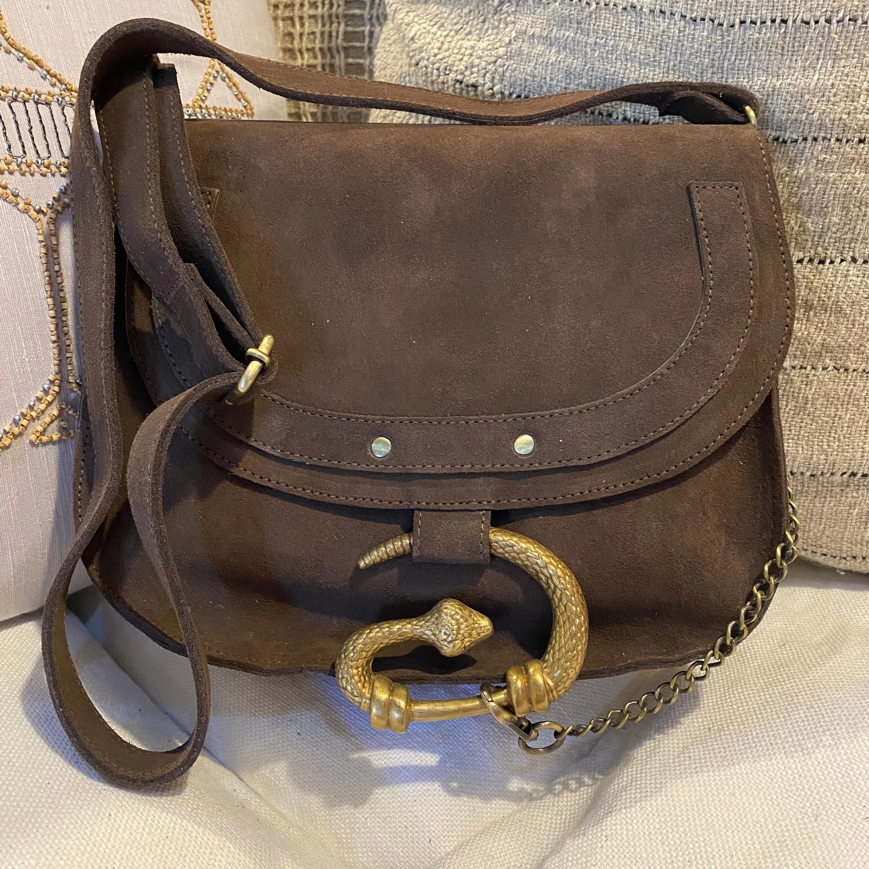 DARK BROWN SUEDE SNAKE BUCKLE BAG - LARGE