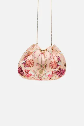 DRAWSTRING POUCH WITH CHAIN STRAP BLOSSOMS AND BRUSHSTROKES