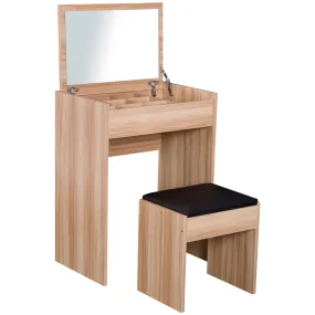 Dressing Table Set Padded Stool Dresser with Flip-up Mirror Multi-purpose - Wood Grain