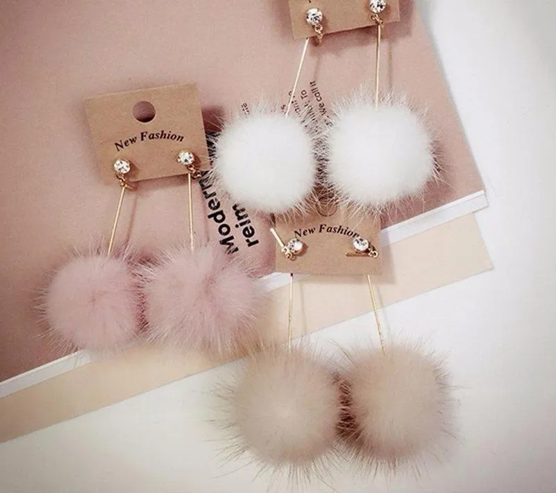 Fur Pom Pom Ball Dangle Earrings