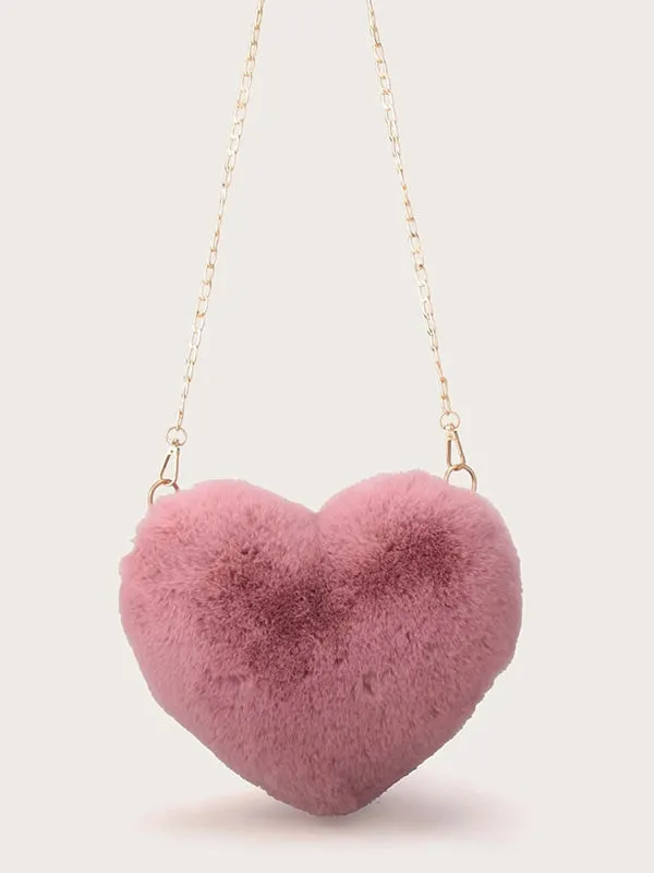 Fuzzy Heart Shaped Chain Bag