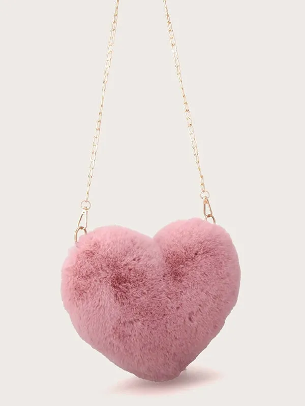 Fuzzy Heart Shaped Chain Bag