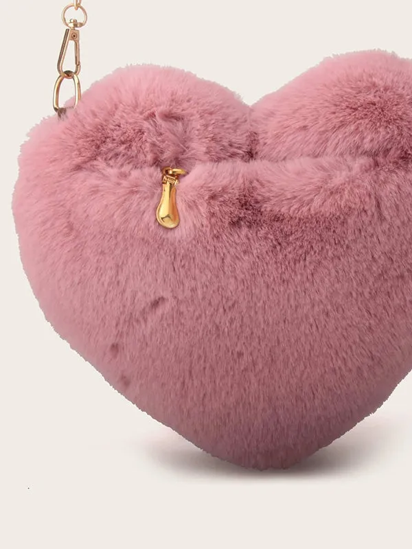 Fuzzy Heart Shaped Chain Bag