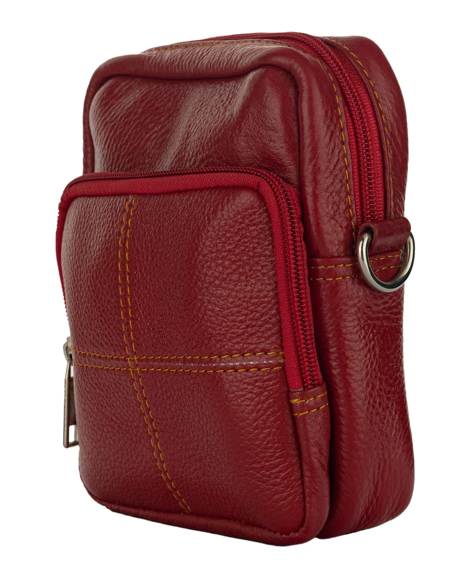 Genuine Leather Red Sling Bag with 4 Compartments - Versatile Cross Body and Waist Messenger Bag