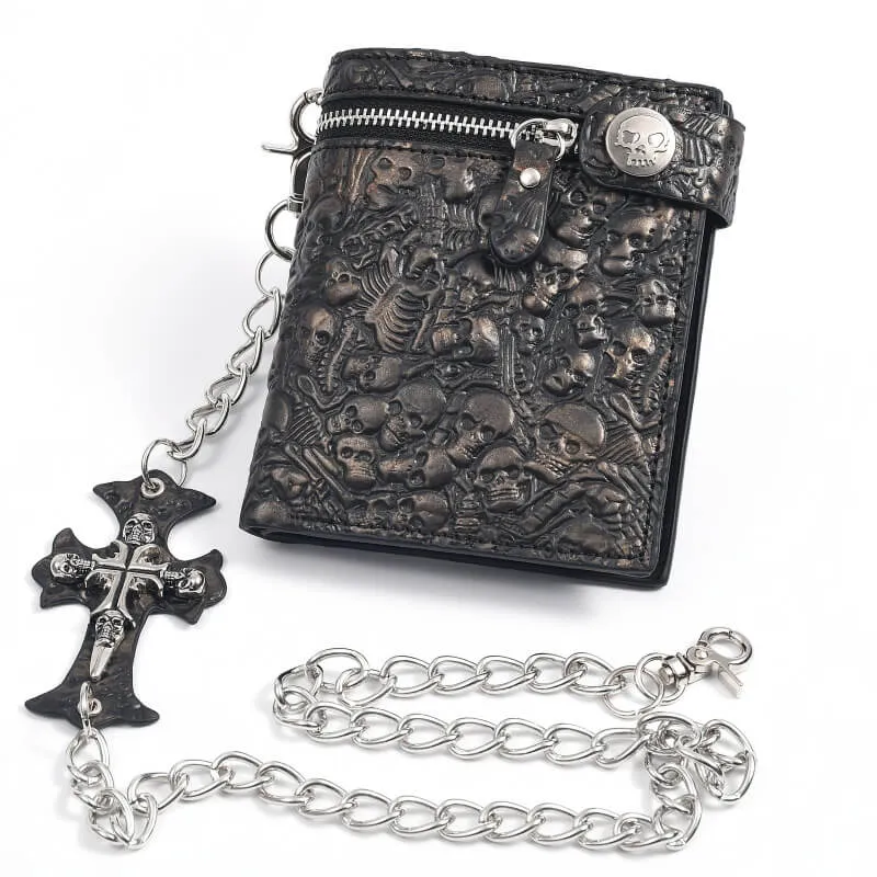 Gothic Skulls Embossed Bifold Chain Wallet