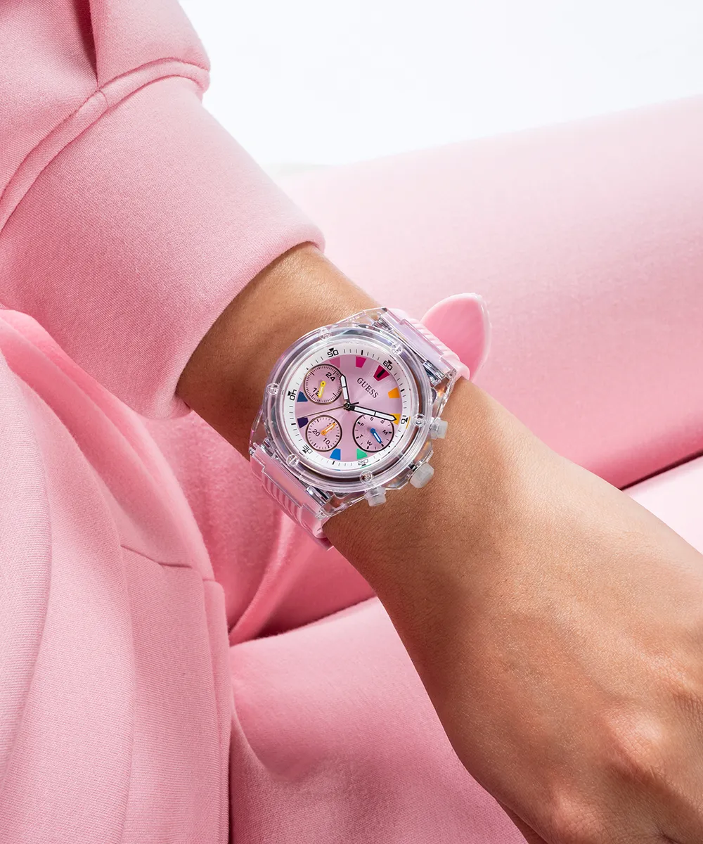 GUESS Eco-Friendly Ladies Pink Clear Multi-function Watch