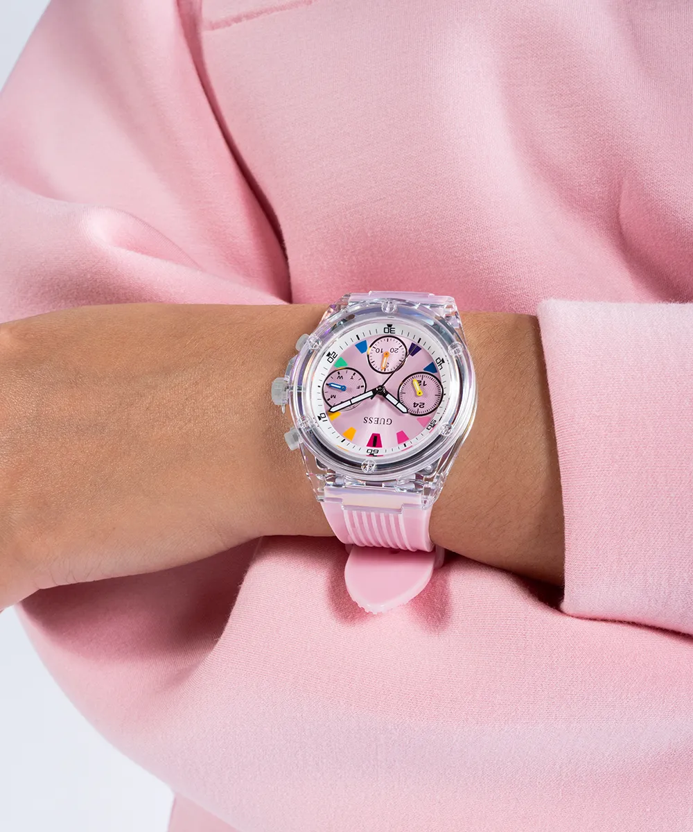 GUESS Eco-Friendly Ladies Pink Clear Multi-function Watch