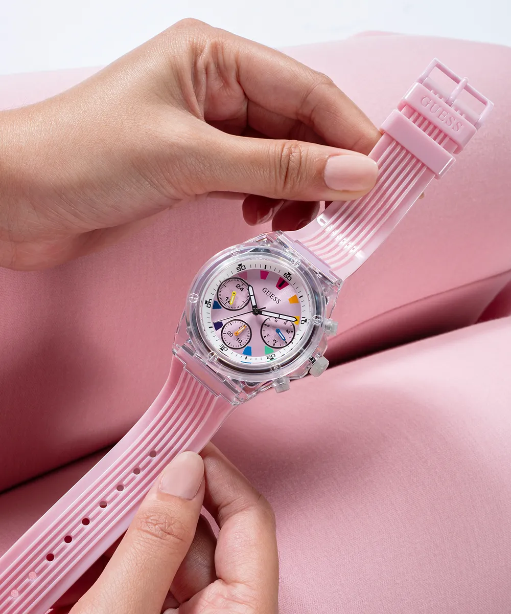 GUESS Eco-Friendly Ladies Pink Clear Multi-function Watch