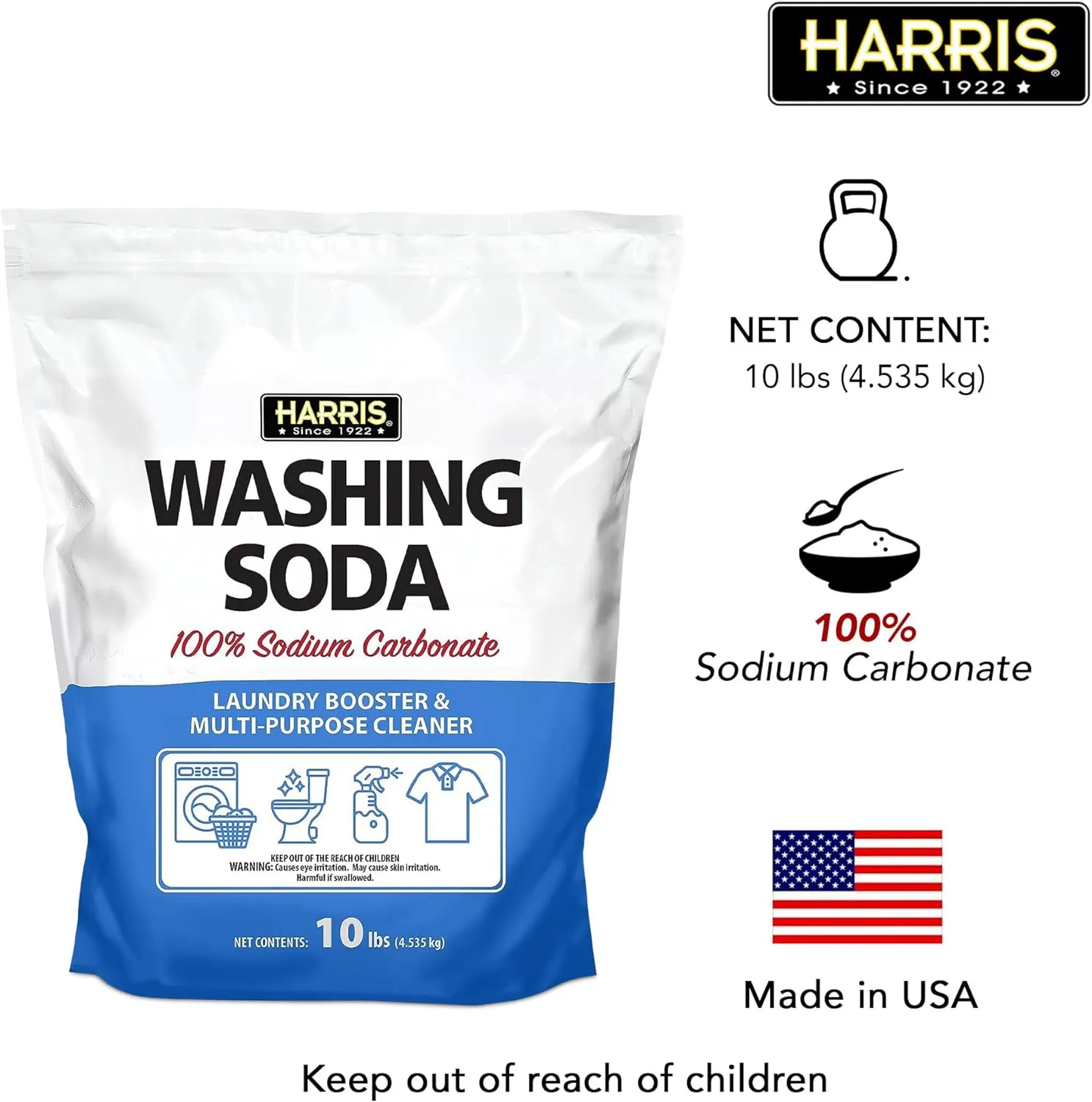 Harris Washing Soda, Sodium Carbonate, Laundry Booster and Multipurpose Cleaner, 10lb