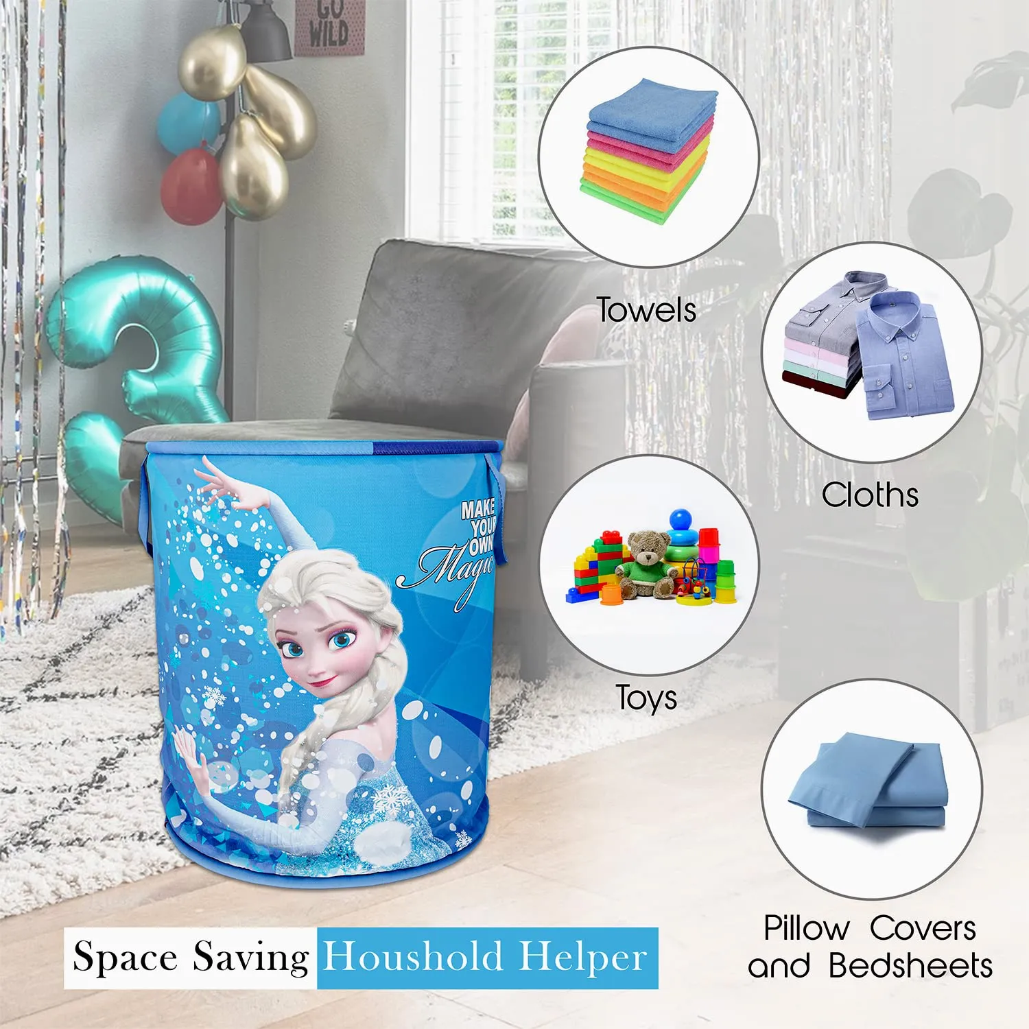 Heart Home Disney Frozen Print Round Laundry Basket|Polyester Clothes Hamper|Waterproof & Foldable Round Laundry Bag with Handle,45 Ltr.Pack of 2 (Blue)