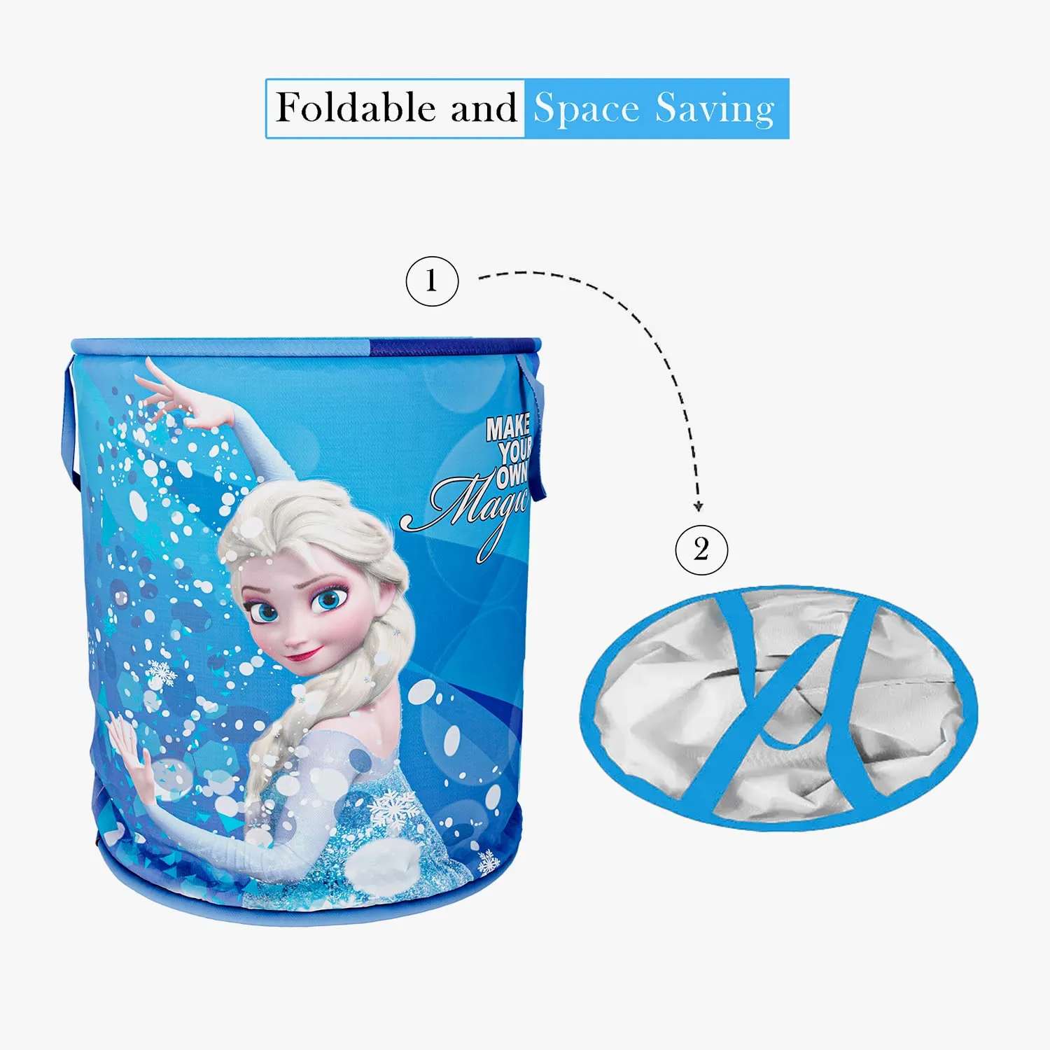 Heart Home Disney Frozen Print Round Laundry Basket|Polyester Clothes Hamper|Waterproof & Foldable Round Laundry Bag with Handle,45 Ltr.Pack of 2 (Blue)