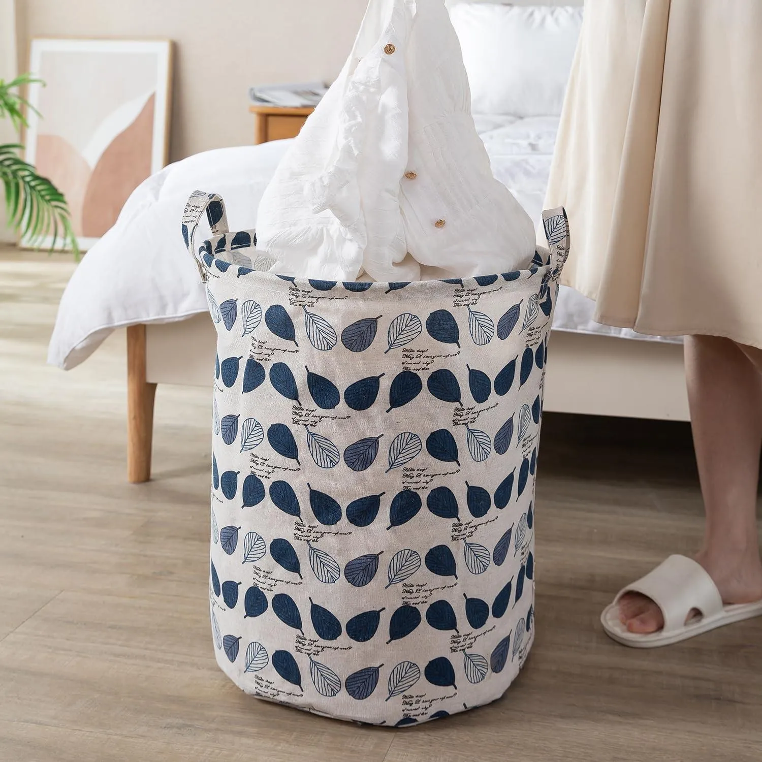 HOKIPO Folding Laundry Basket for Clothes, Round Collapsible Storage Basket, 42-Ltr - Leaves