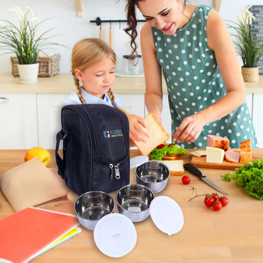 Homestic Lunch Box|Canvas Leak Proof 3 Stainless Steel Insulated Containers Lunch Bag|Adjustable Straps Tiffin Box with Zipper Closure (Black)