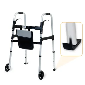 ILG-698 : iLiving Easy Folding Rolling Walker with Shopping bag Basket and Glide Skis - Upright Mobility Aid for Senior or Handicap Adults, Foldable and Adjustable Height Supports up to 350 lbs, Silver