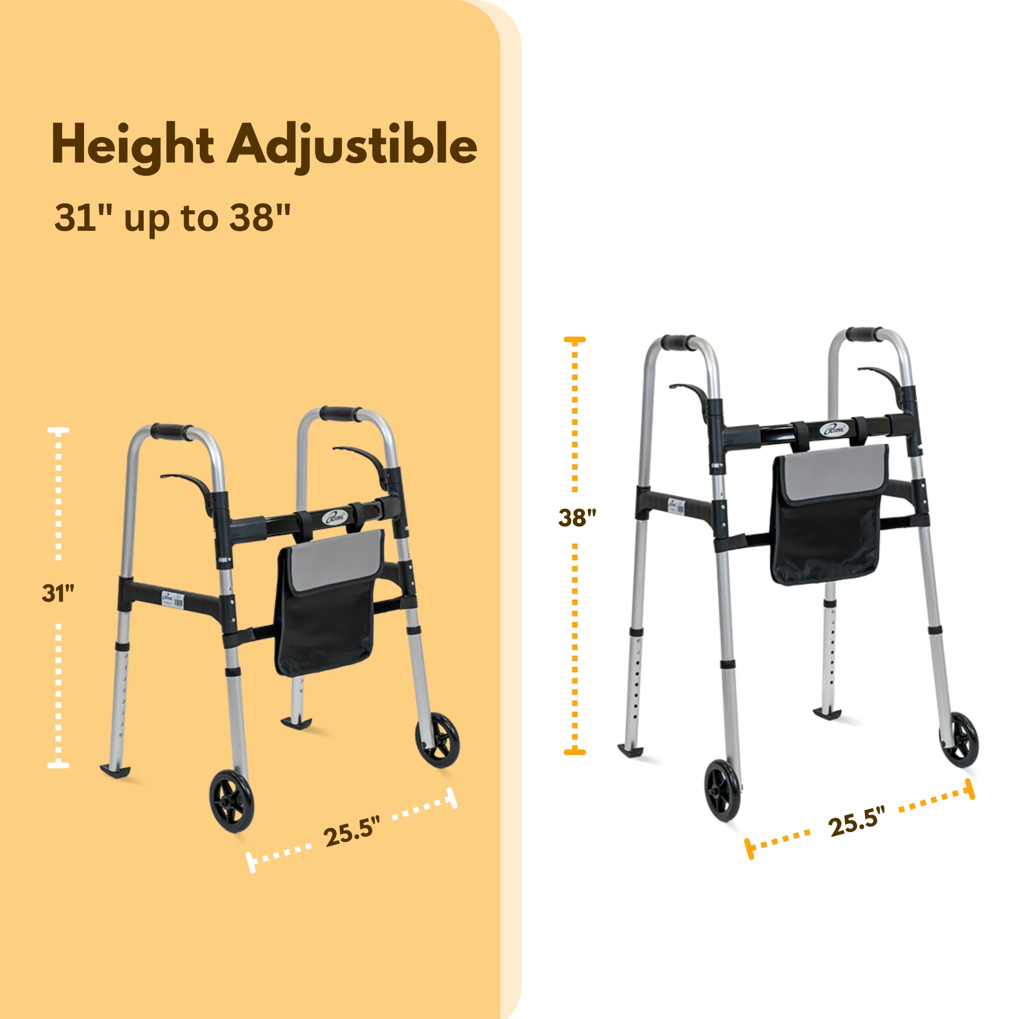 ILG-698 : iLiving Easy Folding Rolling Walker with Shopping bag Basket and Glide Skis - Upright Mobility Aid for Senior or Handicap Adults, Foldable and Adjustable Height Supports up to 350 lbs, Silver