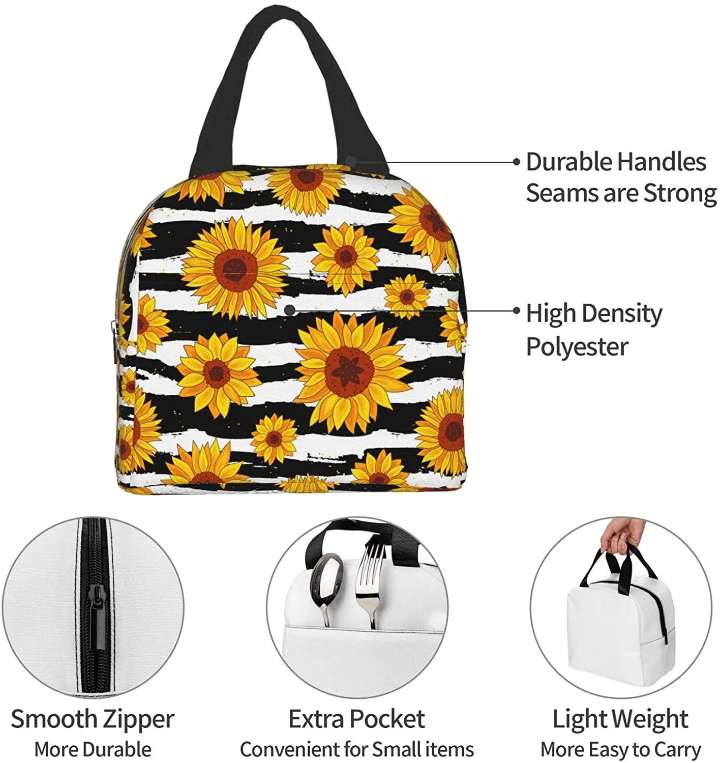 Insulated Lunch Bag with pocket Reusable Lunch Organizer Box Lunch Cooler Tote for Women Men Adults Work Picnic (Striped Chrysanthemum)