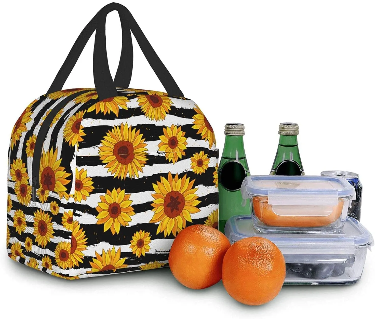 Insulated Lunch Bag with pocket Reusable Lunch Organizer Box Lunch Cooler Tote for Women Men Adults Work Picnic (Striped Chrysanthemum)