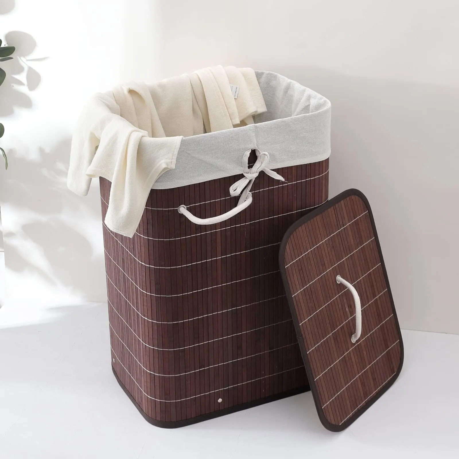 Kuber Industries Bamboo Basket With Lid|Foldable Laundry Basket For Clothes|Durable Rope Handles & Removable Bag|Dark Brown| (Pack Of 3)