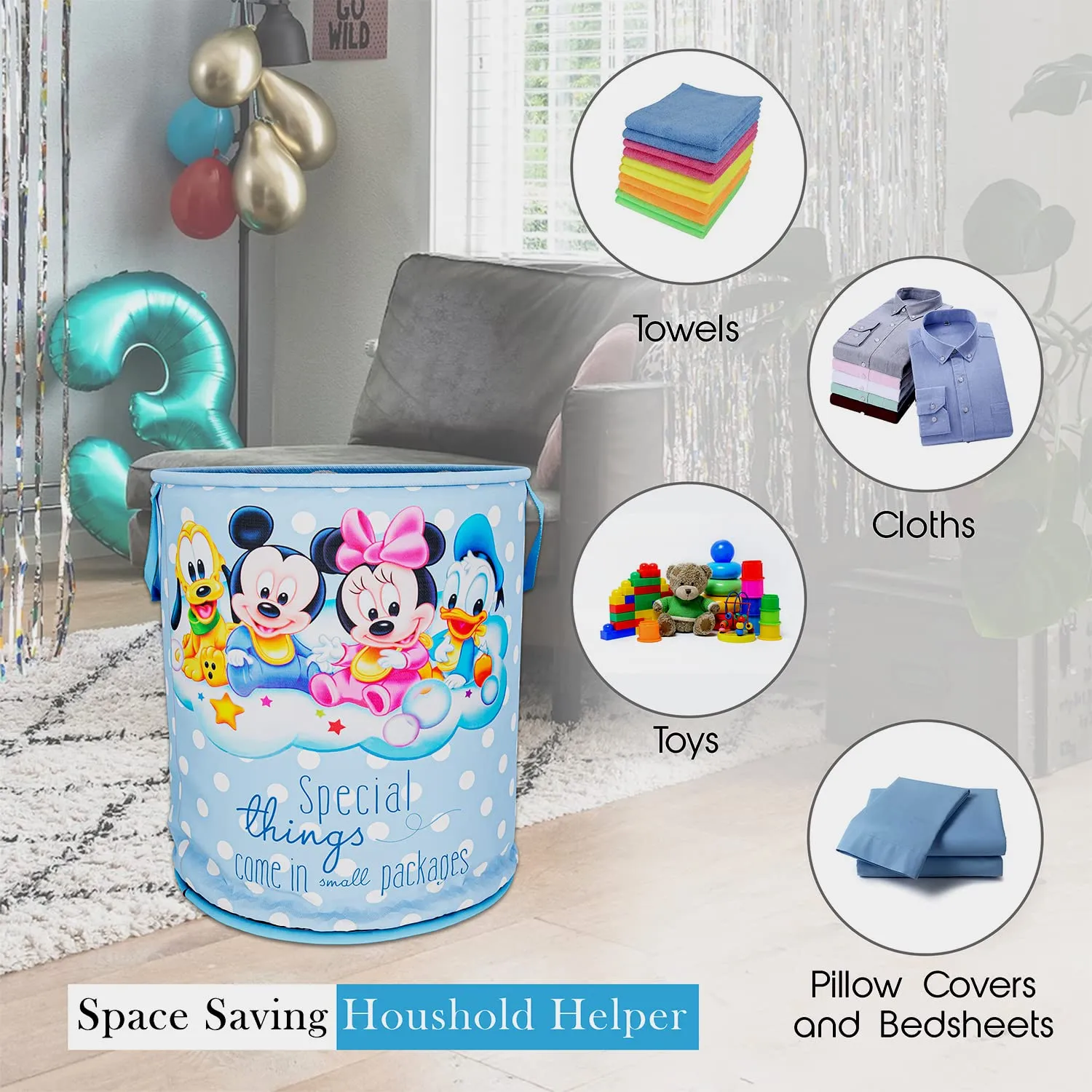 Kuber Industries Disney Mickey & Team Print Round Laundry Basket|Polyester Clothes Hamper|Waterproof & Foldable Round Laundry Bag with Handle,45 Ltr.(Sky Blue)