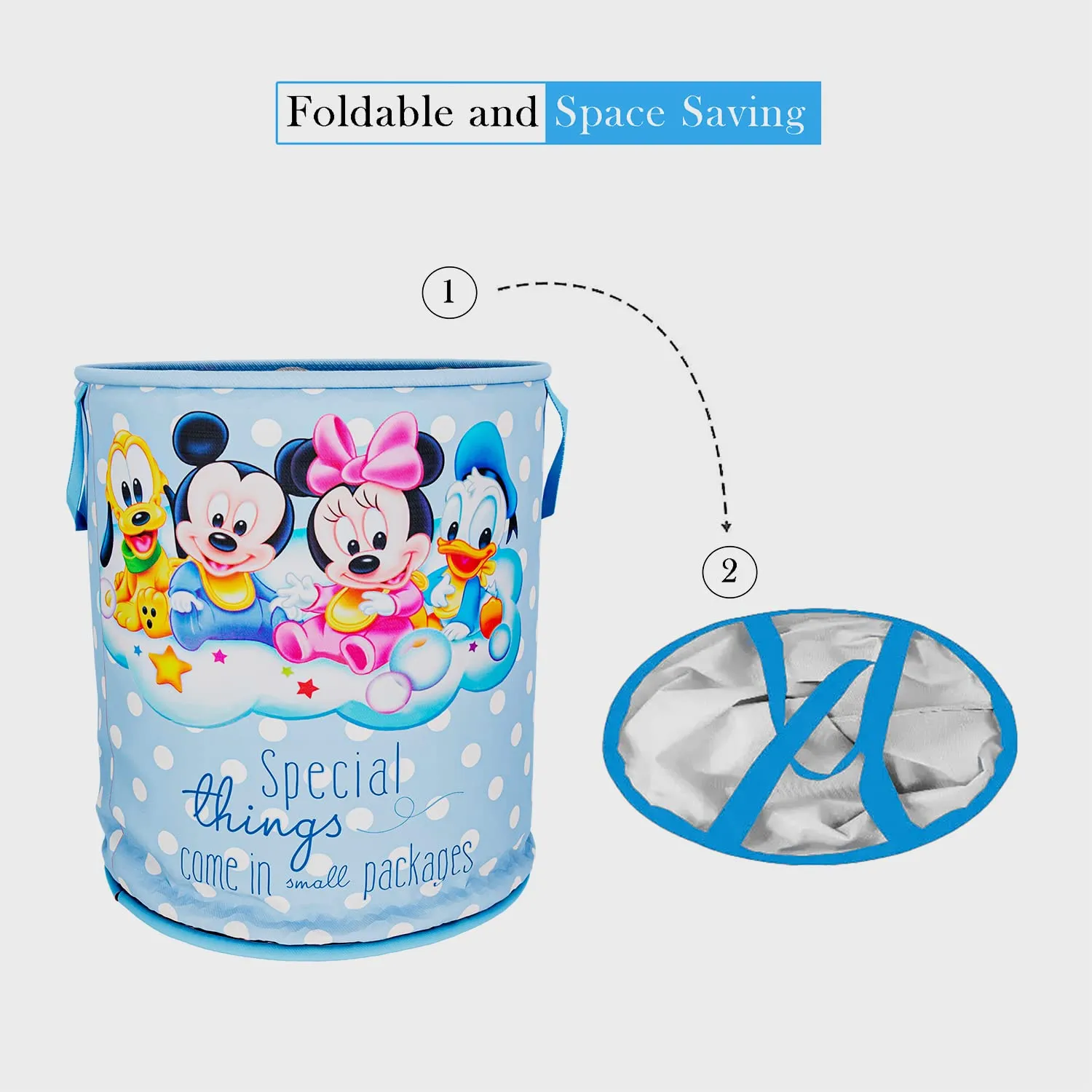 Kuber Industries Disney Mickey & Team Print Round Laundry Basket|Polyester Clothes Hamper|Waterproof & Foldable Round Laundry Bag with Handle,45 Ltr.(Sky Blue)