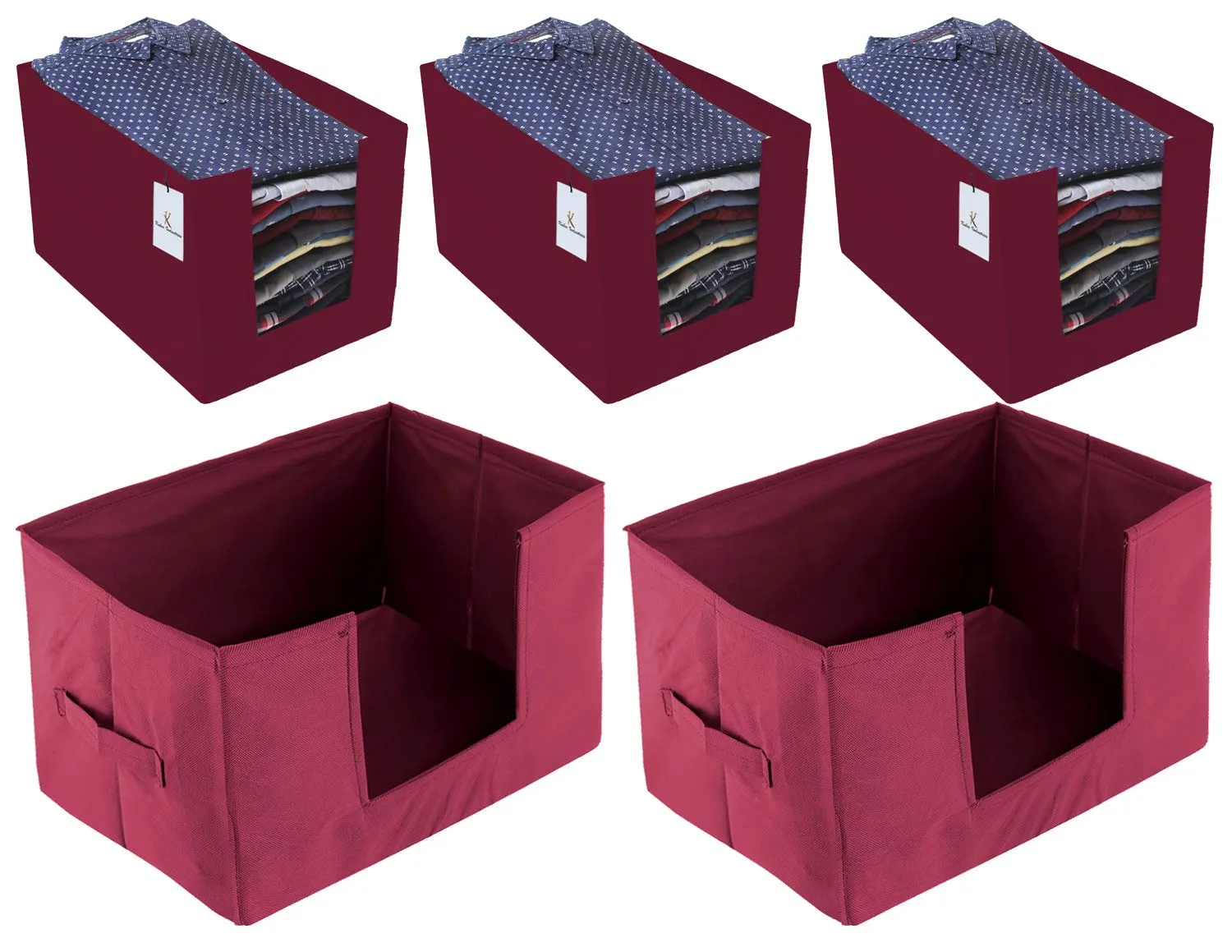 Kuber Industries Non Woven 3 Piece Shirt Stacker and 2 Piece Foldable Rectangle Cloth Saree Stacker Cloth Wardrobe Organizer Wardrobe Organizer (Maroon) - CTKTC038254