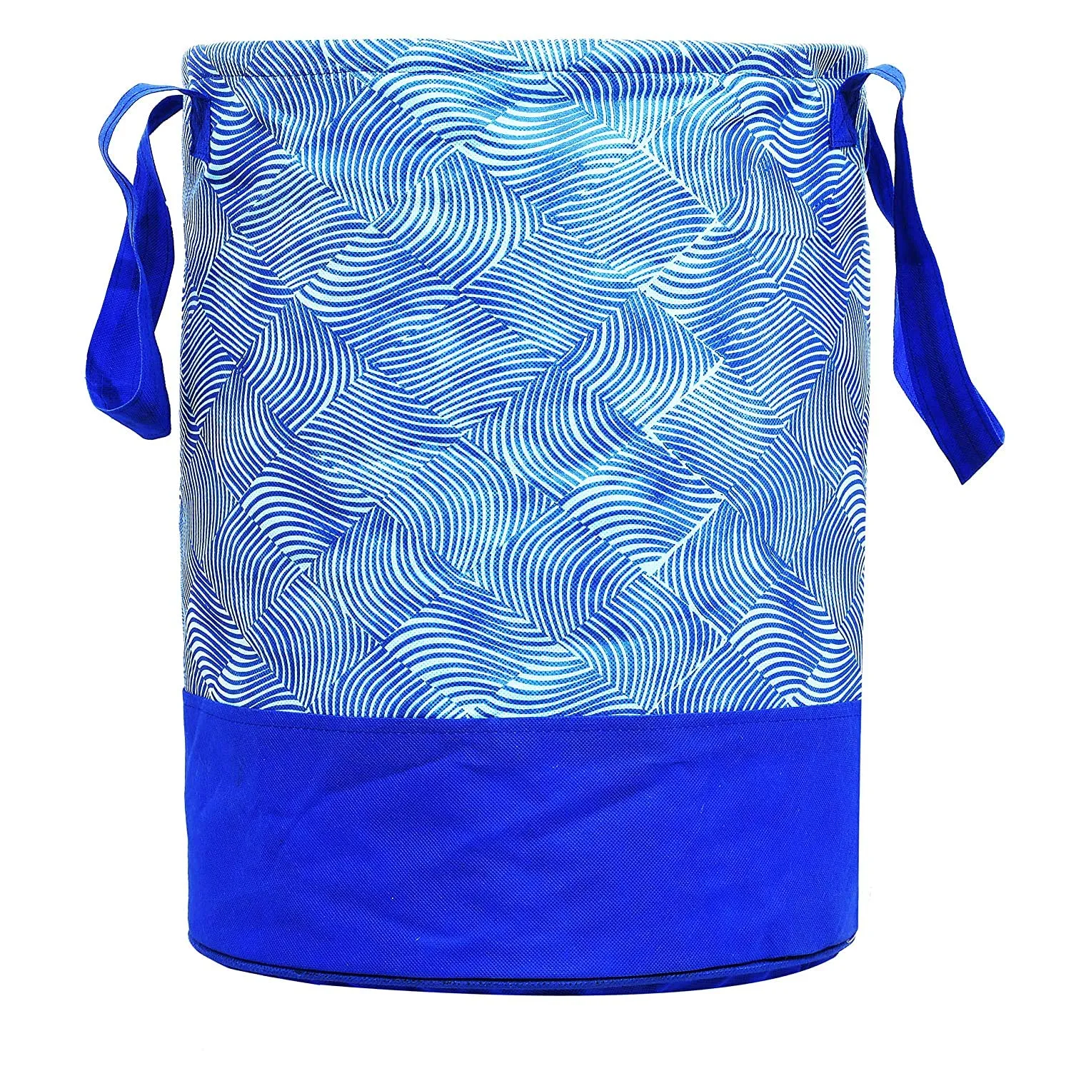 Kuber Industries Waterproof Round Canvas Laundry Bag/Hamper|Metalic Lahriya Print With Handles|Foldable Bin & 45 Liter Capicity|Size 37 x 37 x 49, Pack of 1 (Blue)