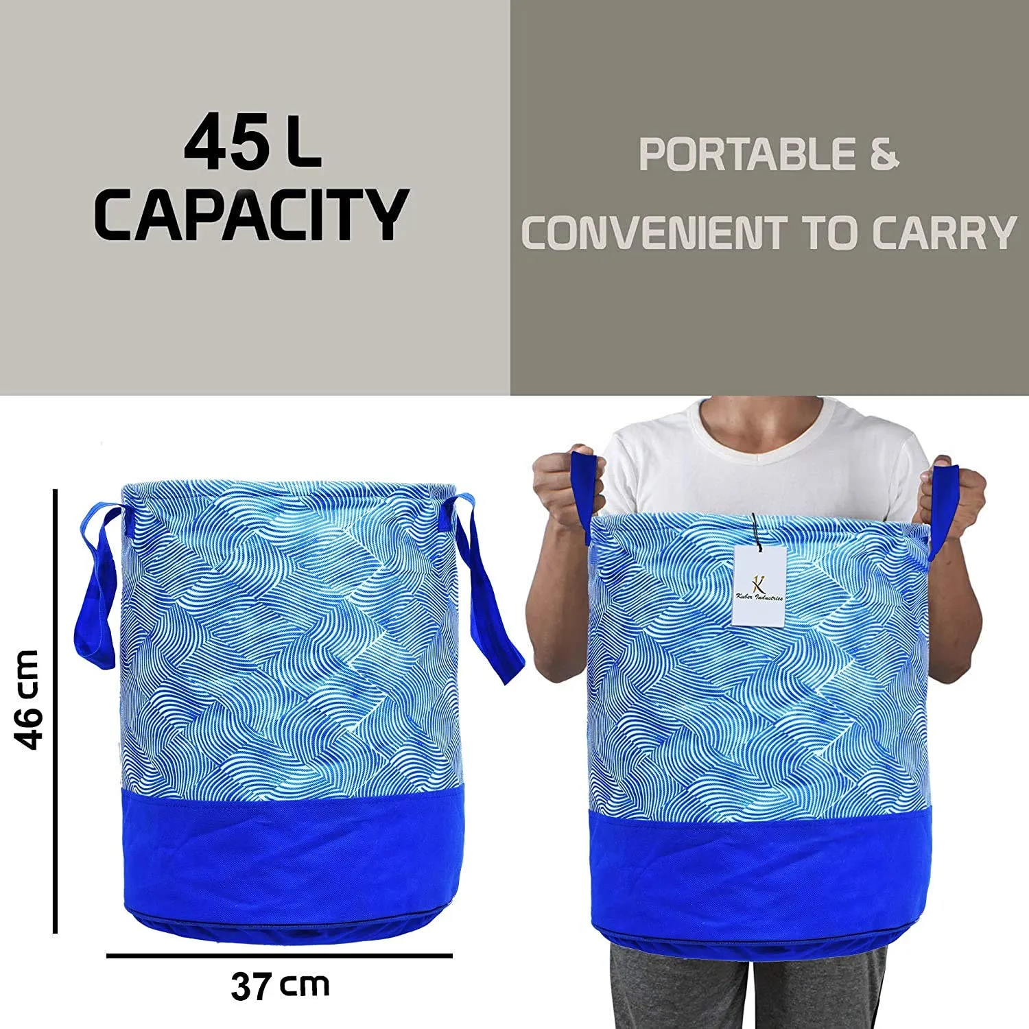 Kuber Industries Waterproof Round Canvas Laundry Bag/Hamper|Metalic Lahriya Print With Handles|Foldable Bin & 45 Liter Capicity|Size 37 x 37 x 49, Pack of 1 (Blue)