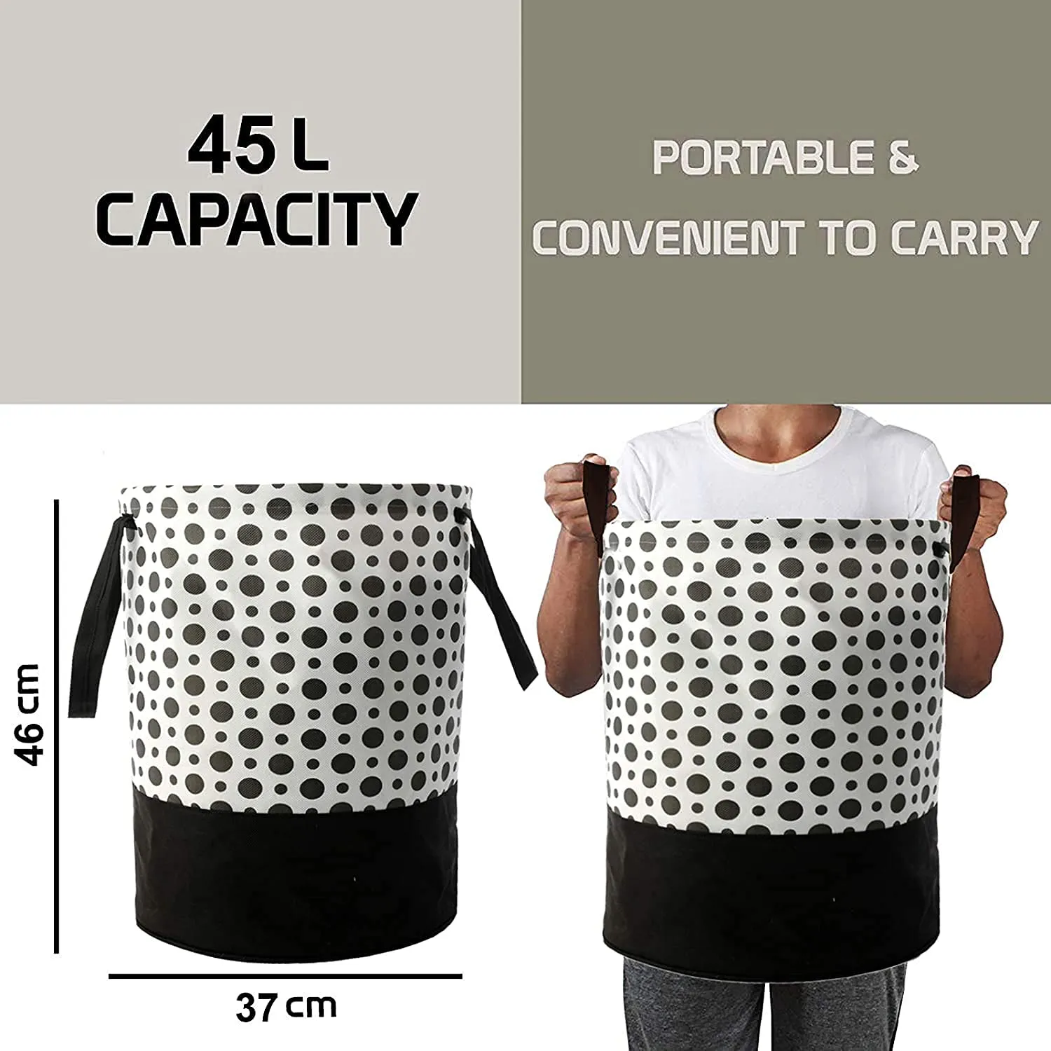 Kuber Industries Waterproof Round Laundry Bag/Hamper|Foldable Bin & 45 Liter Capicity|Size 37 x 37 x 49, Pack of 1(Black & White),Canvas