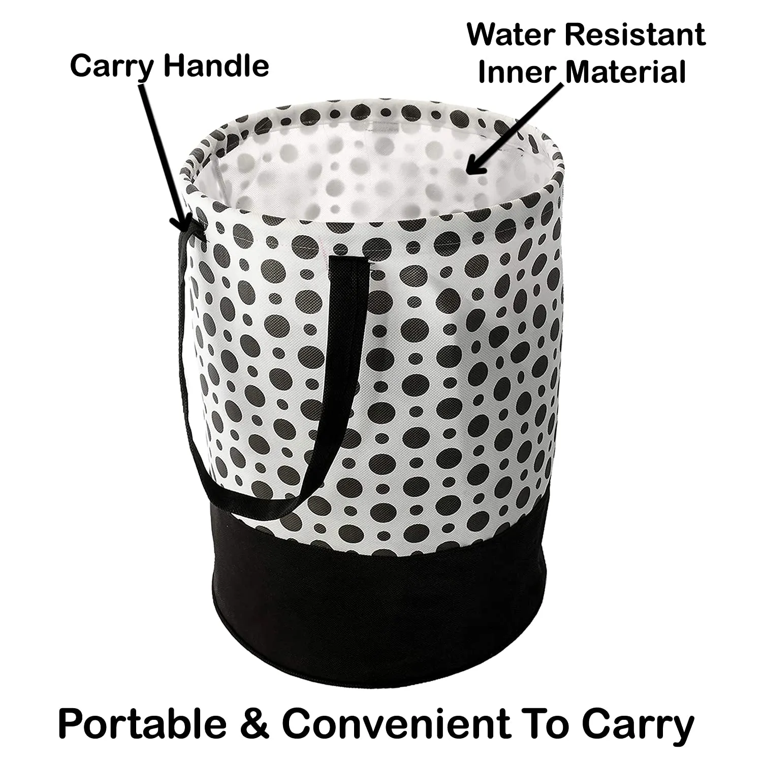 Kuber Industries Waterproof Round Laundry Bag/Hamper|Foldable Bin & 45 Liter Capicity|Size 37 x 37 x 49, Pack of 1(Black & White),Canvas