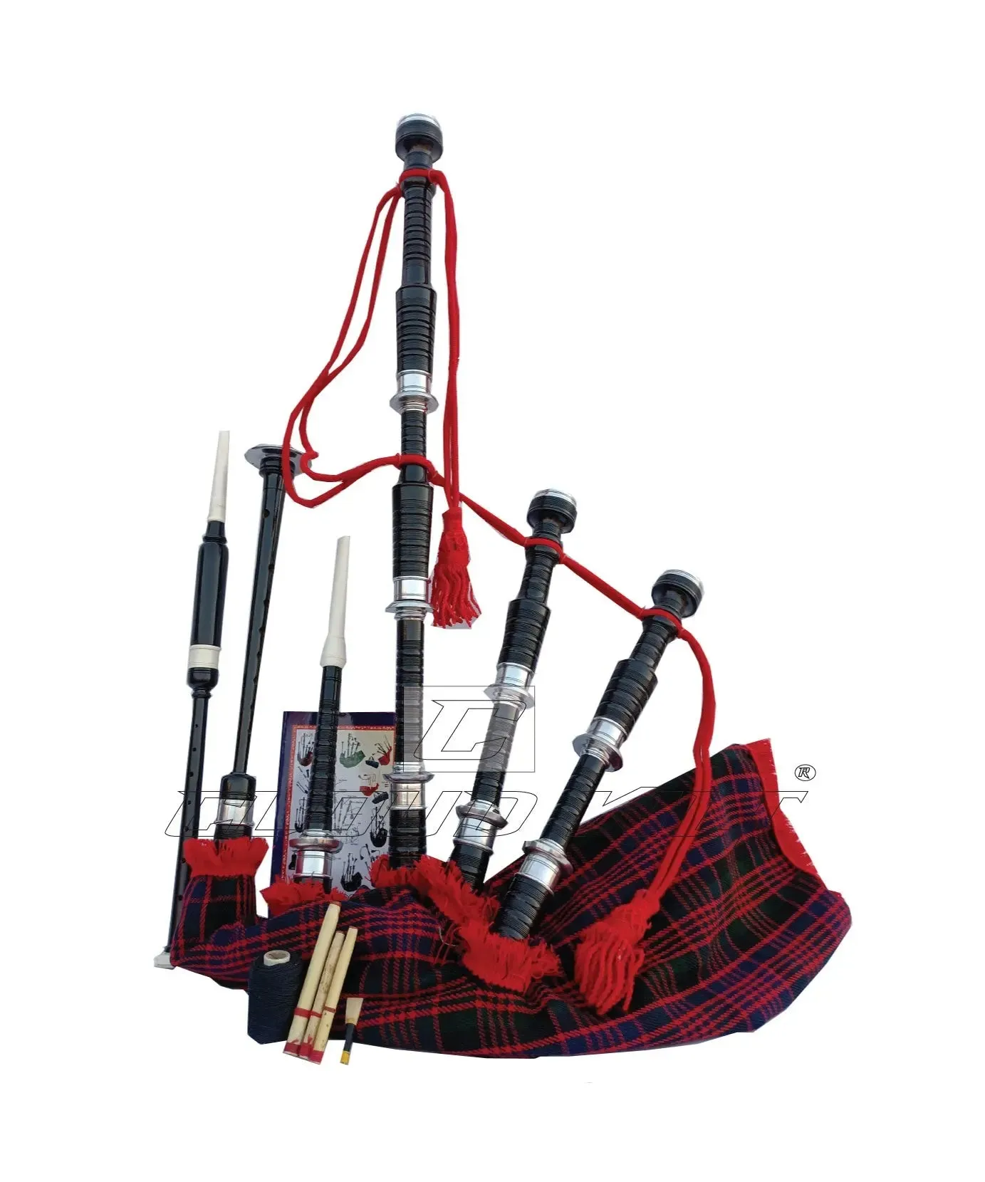 MacDonald Tartan Black With Silver Finish Bagpipe Set With Hard Case