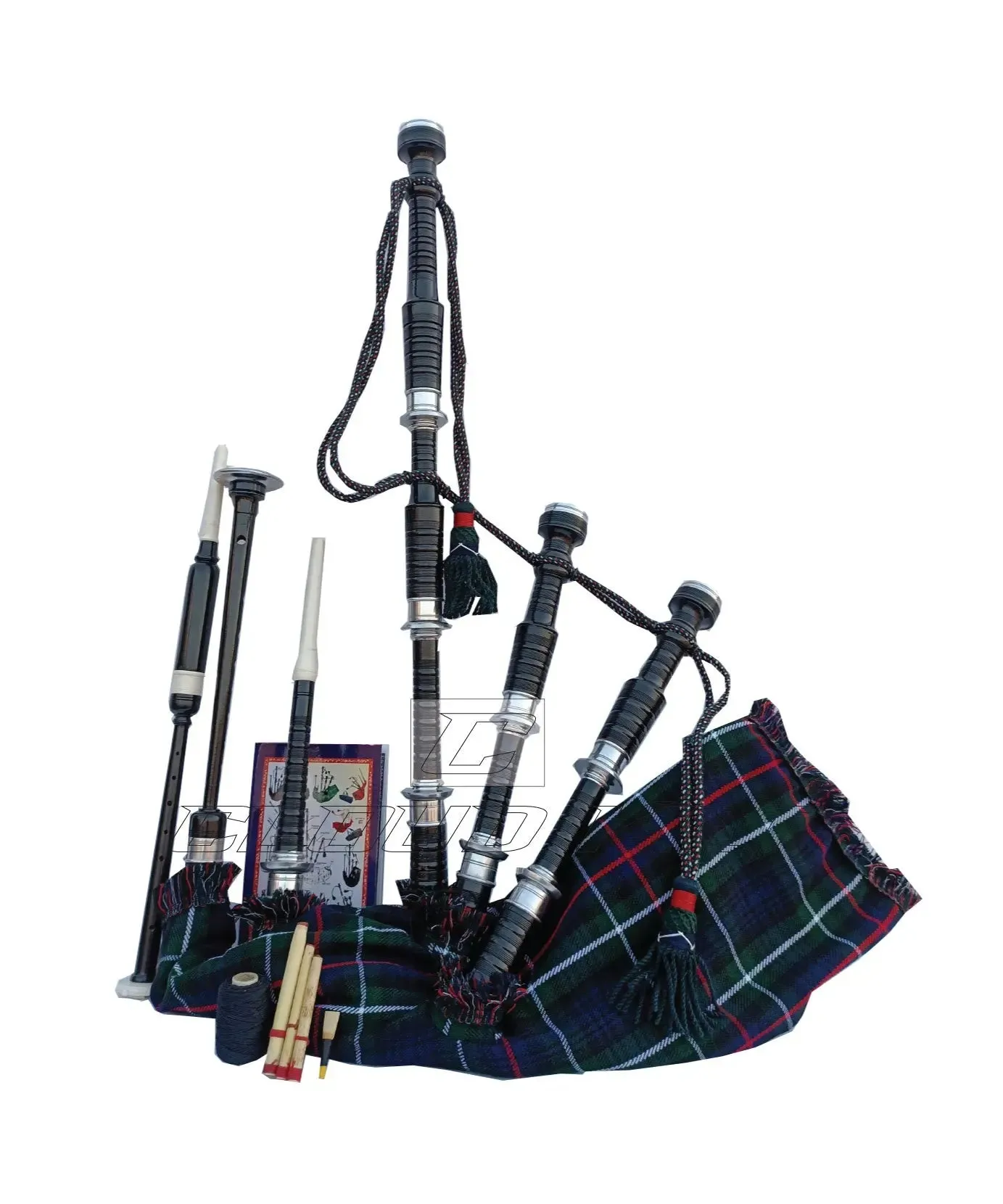 Mackenzie Tartan Black With Silver Finish Bagpipe Set With Hard Case