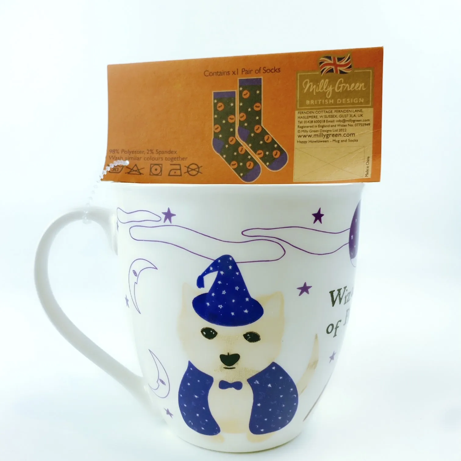 Milly Green British Design Halloween Wizard Of Paws Coffee Mug Tea Cup With Sock Set