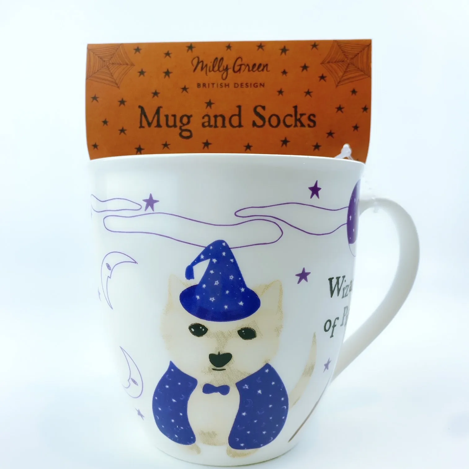 Milly Green British Design Halloween Wizard Of Paws Coffee Mug Tea Cup With Sock Set