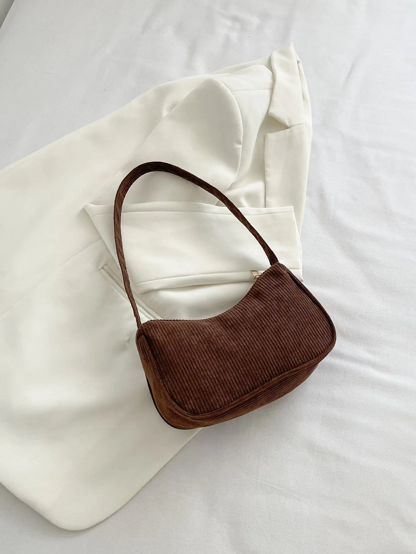 Minimalist Corduroy Chain Hobo Bag Zipper Preppy