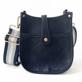 Navy Mini Distressed Vegan Leather Messenger Bag w/ Adjustable Navy/Silver/White Stripe Strap