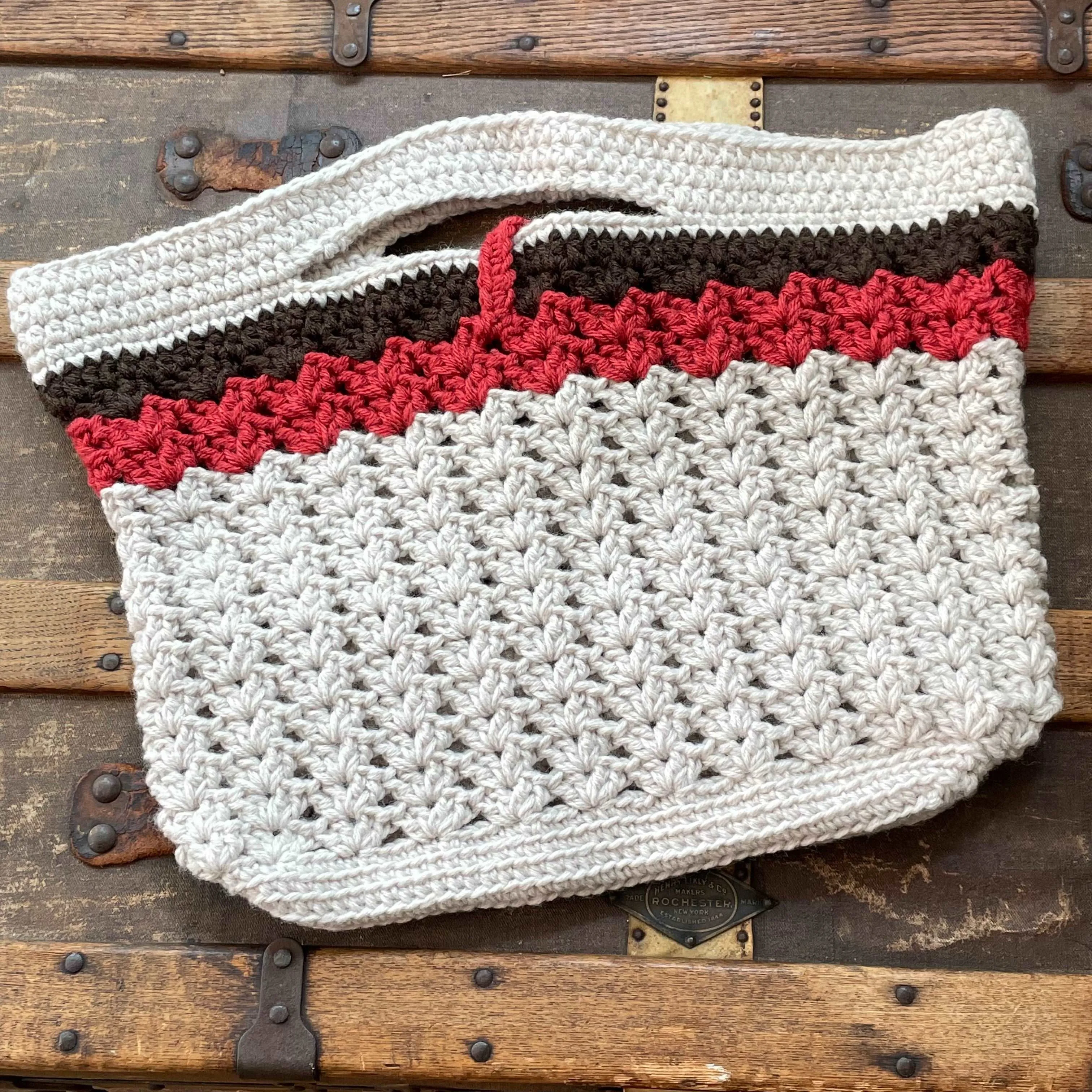 Oversize Purse Crocheted Tote Large Bag Off White Rust Orange & Brown Stripe