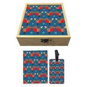 Passport Cover Luggage Tag Wooden Gift Box Set - Cute Bird