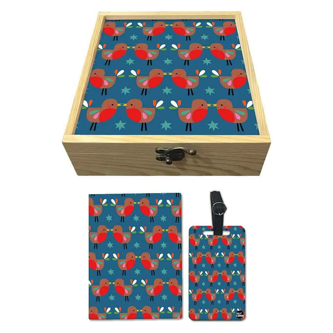 Passport Cover Luggage Tag Wooden Gift Box Set - Cute Bird