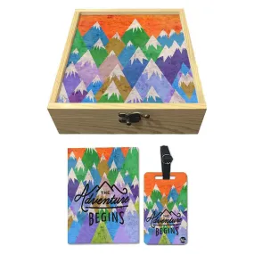 Passport Cover Luggage Tag Wooden Gift Box Set - Mountain